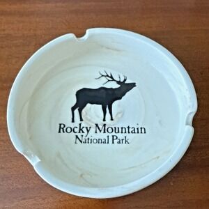 Vintage Rocky Mountain National Park Ashtray Elk Stamped Marbled Stoneware 1970s